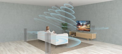 Imagine dintr-o sufragerie, ilustrând sunetul multidimensional cu tehnologia 3D Surround Upscaling