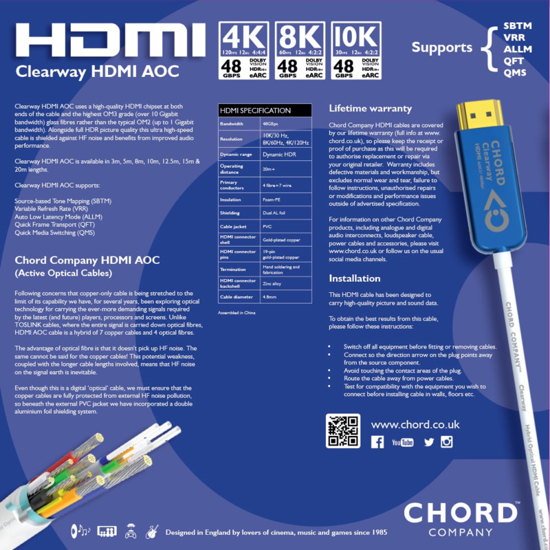 Cablu Chord Company Cablu HDMI AOC 8k (48Gbps) Chord Clearway