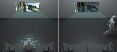 Persoană care se uită la TV BRAVIA și alta care se îndepărtează de acesta, ilustrând cum se întunecă ecranul cu modul de econ. autom. a energiei