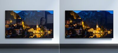 Comparație între ecrane care arată un oraș pe un deal pe timp de noapte cu și fără reflectivitate scăzută