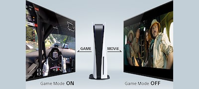 Două ecrane, prezentând funcția Auto Genre Picture Mode activată și dezactivată, cu o consolă PS5 între ele
