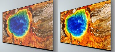 Imagine pe ecran divizat: TV-uri montate pe perete cu crater albastru în rocă portocalie cu culori reale pe toate părțile