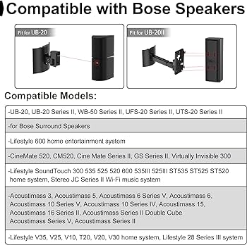 Amazon.com: Speaker Wall Mount and Ceiling Mount for Bose UB-20, UB-20 &  WB-50 Series II Surround Sound Speaker Mounting Bracket Compatible with Bose  CineMate Lifestyle Tilt & Swivel Adjustable up to 180&deg;,Black :