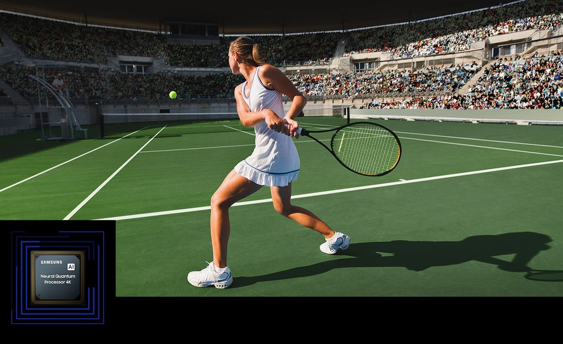A woman is playing tennis in front of a large crowd. The Neural Quantum Processor 4K is on display in the lower lefthand corner.