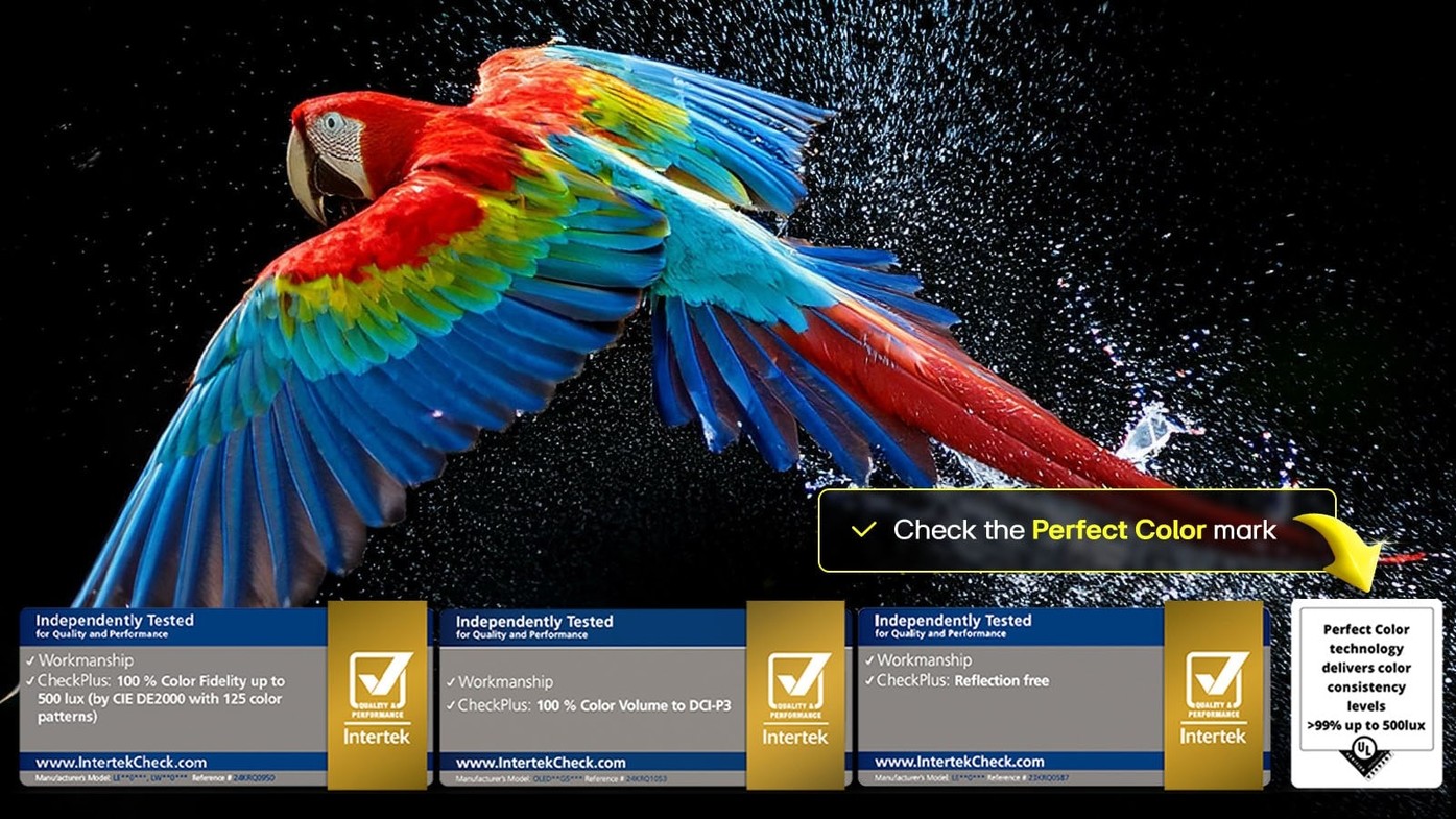 Focuri de artificii orbitoare si pline de culoare sunt pe ecranul televizorului. Logoul de certificare este vizibil, tehnologia Perfect Color ofera niveluri de consecventa a culorii mai mari de 99% pana la 500 de lux. Certificarile pentru lipsa reflexiei si alte certificari Intertek care arata testarea individuala sunt, de asemenea, langa.