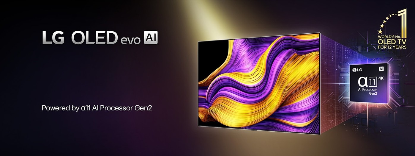 Pe ecranul unui televizor LG OLED evo AI se afla o imagine abstracta cu detalii, culori si contrast impresionante. O versiune marita a procesorului alpha 11 AI Gen2 se afla in spatele televizorului. Straluceste cu lumina care ilumineaza circuitele microcipului din jurul sau. Titlul transmite LG OLED evo AI. Textul este, de asemenea, vizibil, alimentat de procesorul LG alpha 11 AI Gen2. Un logo auriu cu stele se afla in coltul pe care scrie, OLED TV numarul unu din lume timp de 12 ani. 