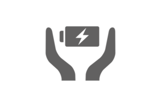 Pictogramă cu caracteristica de îngrijire a bateriei, cu două mâini pe ambele părți ale unei baterii care se încarcă.