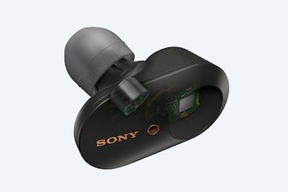 Prim plan cu un element intraauricular al cÄÈtilor WF-1000XM3 ilustrând difuzorul de 6 mm