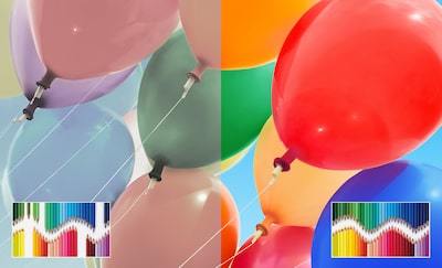 Imagine pe ecran divizat arătând baloane multicolore cu și fără TRILUMINOS PRO