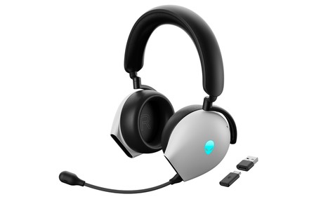 Picture of a white Dell Alienware Gaming Headset with a mic connected.