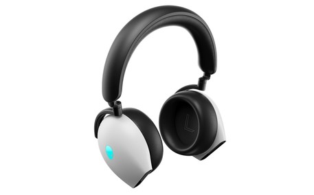Picture of a white Dell Alienware Gaming Headset showing the right side of the product.