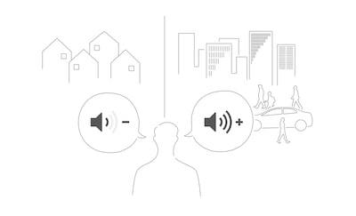 Image of a person on the street with illustrations around their head showing different volumes