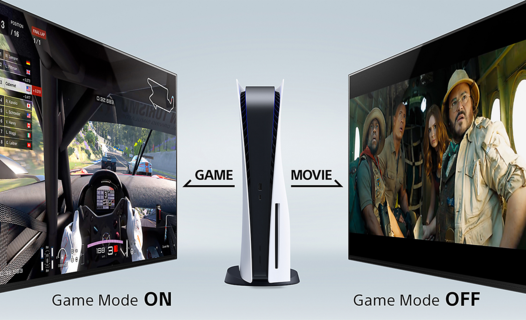 Consolă PlayStation® 5 în centru, cu imagine din unghi cu joc de curse pe televizor în stânga și imagine din unghi cu film la televizor în dreapta, cu titlurile Mod joc activat și Mod joc dezactivat dedesubt