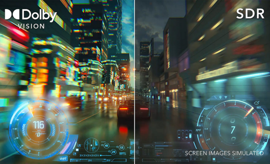 Ecran divizat cu o scenă urbană, cu Dolby Vision în stânga și SDR în dreapta