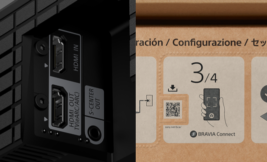 Un colaj cu un prim-plan cu porturile eARC HDMI de pe un televizor BRAVIA, cu puncte tactile pentru accesibilitate și un cod QR pentru aplicația BRAVIA Connect.