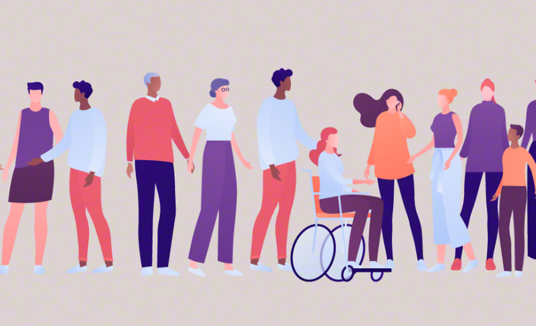 O ilustrație reprezentând diversitate și includere, cu un grup de persoane cu diferite abilități și din medii sociale diferite.