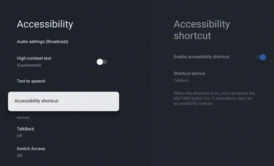 Ecran de setări de accesibilitate cu opțiunea de a accesa comanda rapidă de accesibilitate.