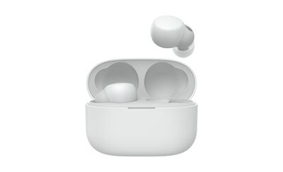 Casetă LinkBuds S albă cu o cască LinkBuds scoasă afară