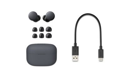 Imagine cu caseta LinkBuds S gri și LinkBuds S, 3 perechi suplimentare de dopuri pentru căști și un cablu de încărcare USB-C