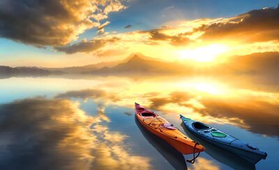 Două bărci de canoe pe un lac la răsărit