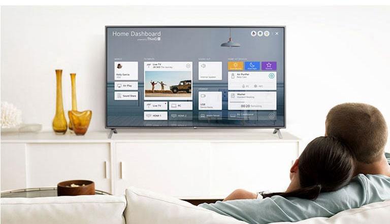 Un bărbat și o femeie care stau pe o canapea în camera de zi, cu Home Dashboard pe ecranul TV.