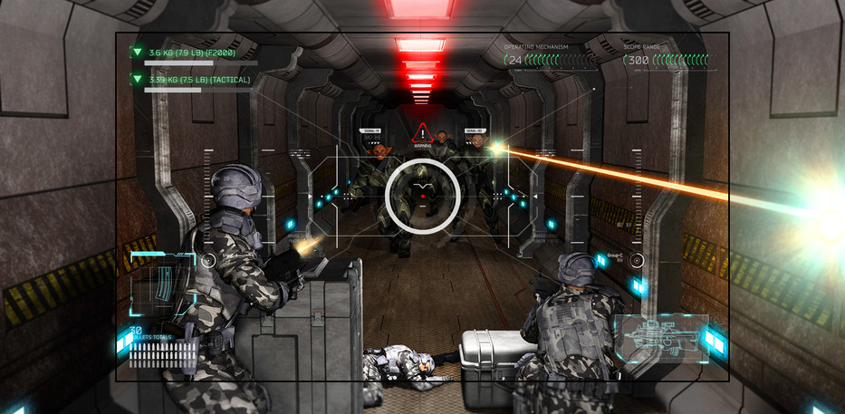 Televizor care prezintă o scenă dintr-un joc tip shooter, în care jucătorul este copleșit de extratereștri cu arme.