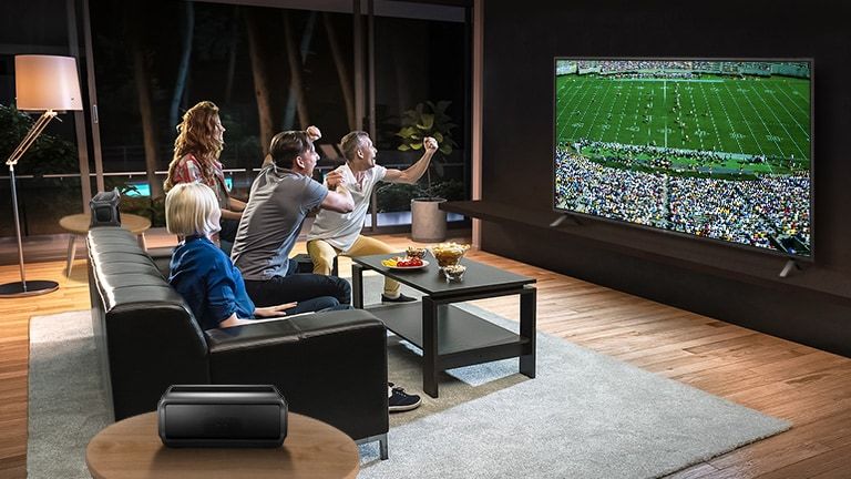 Oameni care urmăresc un joc sportiv la televizor în camera de zi, cu difuzoare Bluetooth în spate.