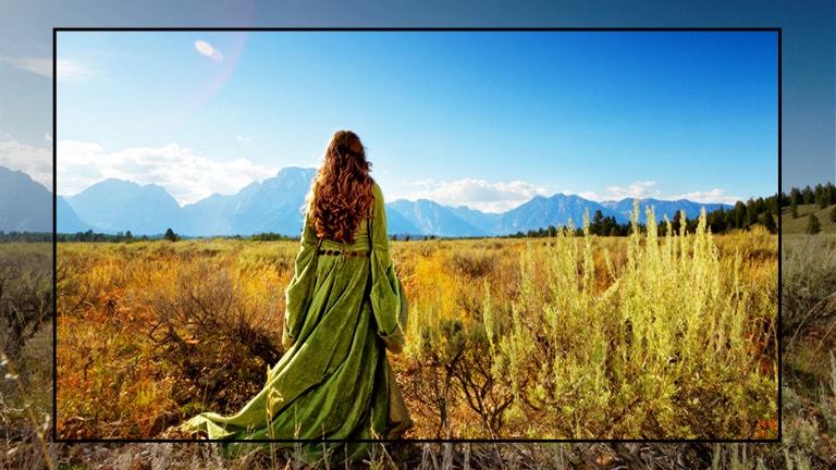 Un ecran TV care prezintă o scenă dintr-un film fantastic, cu o femeie care stă pe o câmpie, cu fața spre munți.