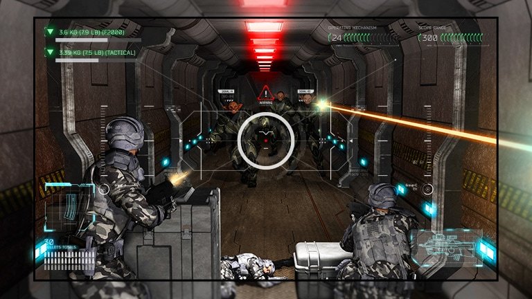 Televizor care prezintă o scenă dintr-un joc tip shooter, în care jucătorul este copleșit de extratereștri cu arme.