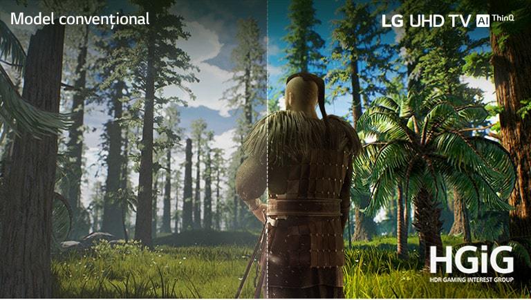 Ecranul TV prezintă o scenă dintr-un joc, cu un bărbat care stă în mijlocul unei păduri. O jumătate este afișată pe un ecran convențional, cu o calitate redusă a imaginii. Cealaltă jumătate este afișată pe un ecran de televizor UHD de la LG cu o calitate clară și vie a imaginii.