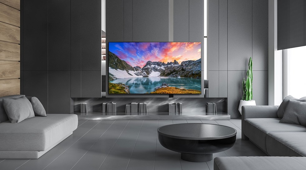 Televizor care prezintă o vedere de la nivelul ochilor a naturii într-un decor cu o casă luxoasă