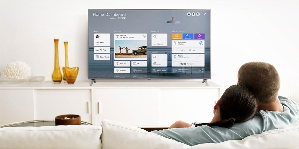 Un bărbat și o femeie care stau pe o canapea în camera de zi, cu Home Dashboard pe ecranul TV
