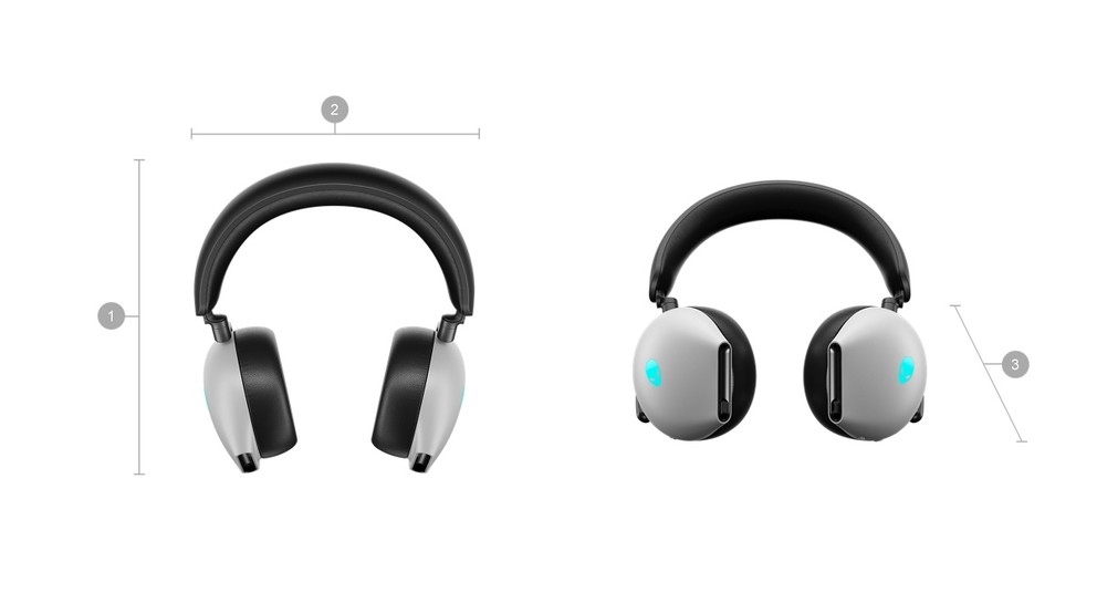 Picture of two Dell Alienware Gaming Headsets with numbers from 1 to 3 signaling product dimensions & weight.